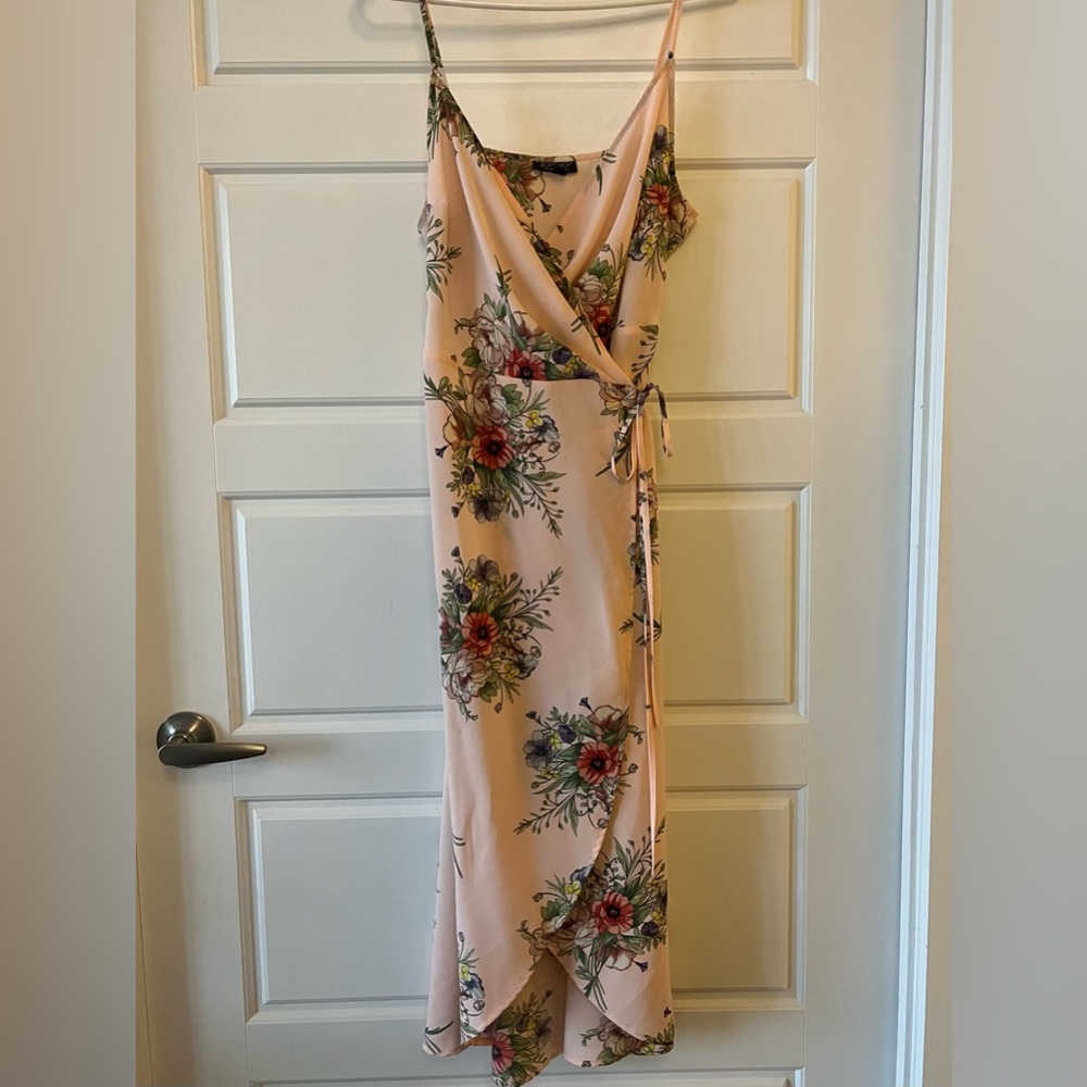 Topshop pink floral midi wrap dress, size 6